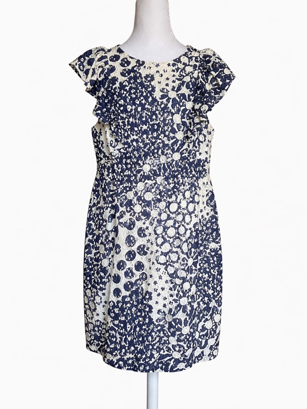 NWT Trina Turk Navy Blue & White Floral Polka Dot Lace Sheath Dress Size 12 - Picture 1 of 12